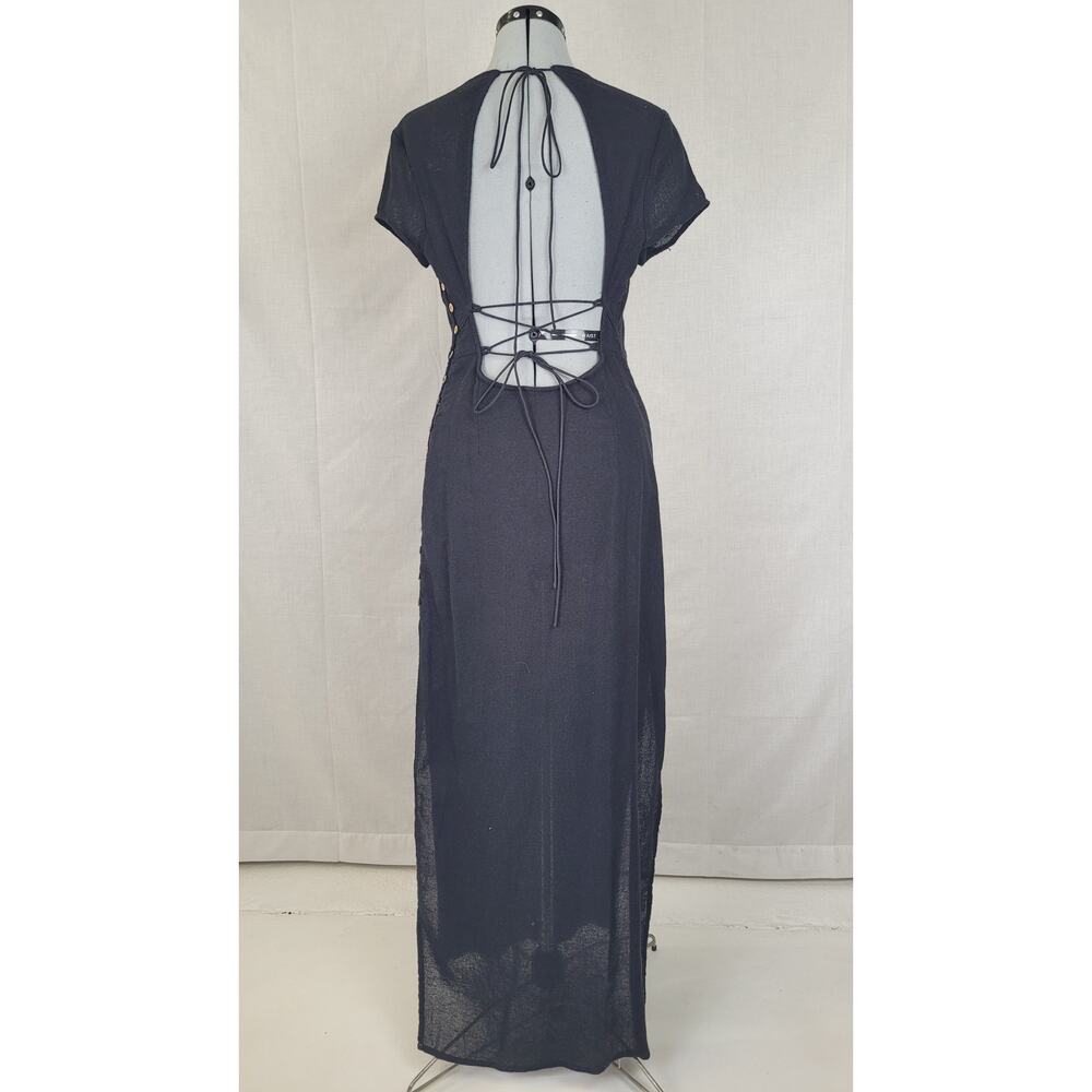 Free People Low Back Side Slit Sheer Cotton Maxi Dress Wooden Buttons Sz M/L NWT